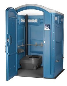 Blue accessible portable toilet with open door.