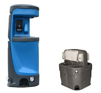Two portable handwashing stations; one tall and blue, one shorter and gray.