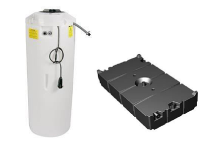White cylindrical water tank and a black rectangular tank.