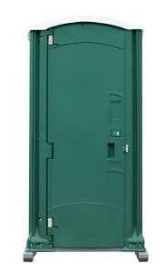 Green portable toilet with a white top, standing outdoors.