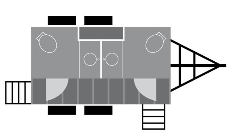 Top-down view of a portable restroom trailer with stalls, sinks, and exterior stairs.