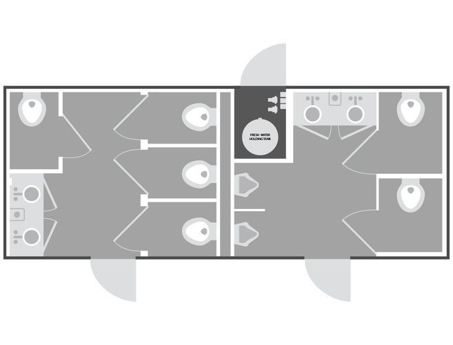 Diagram of a rectangular portable restroom with multiple toilet stalls, sinks, and doors. Grey interior with white fixtures.