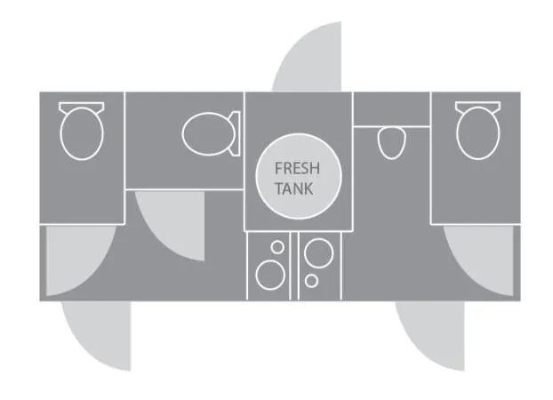 Floor plan of a portable restroom with two toilets, two sinks, and a fresh water tank.