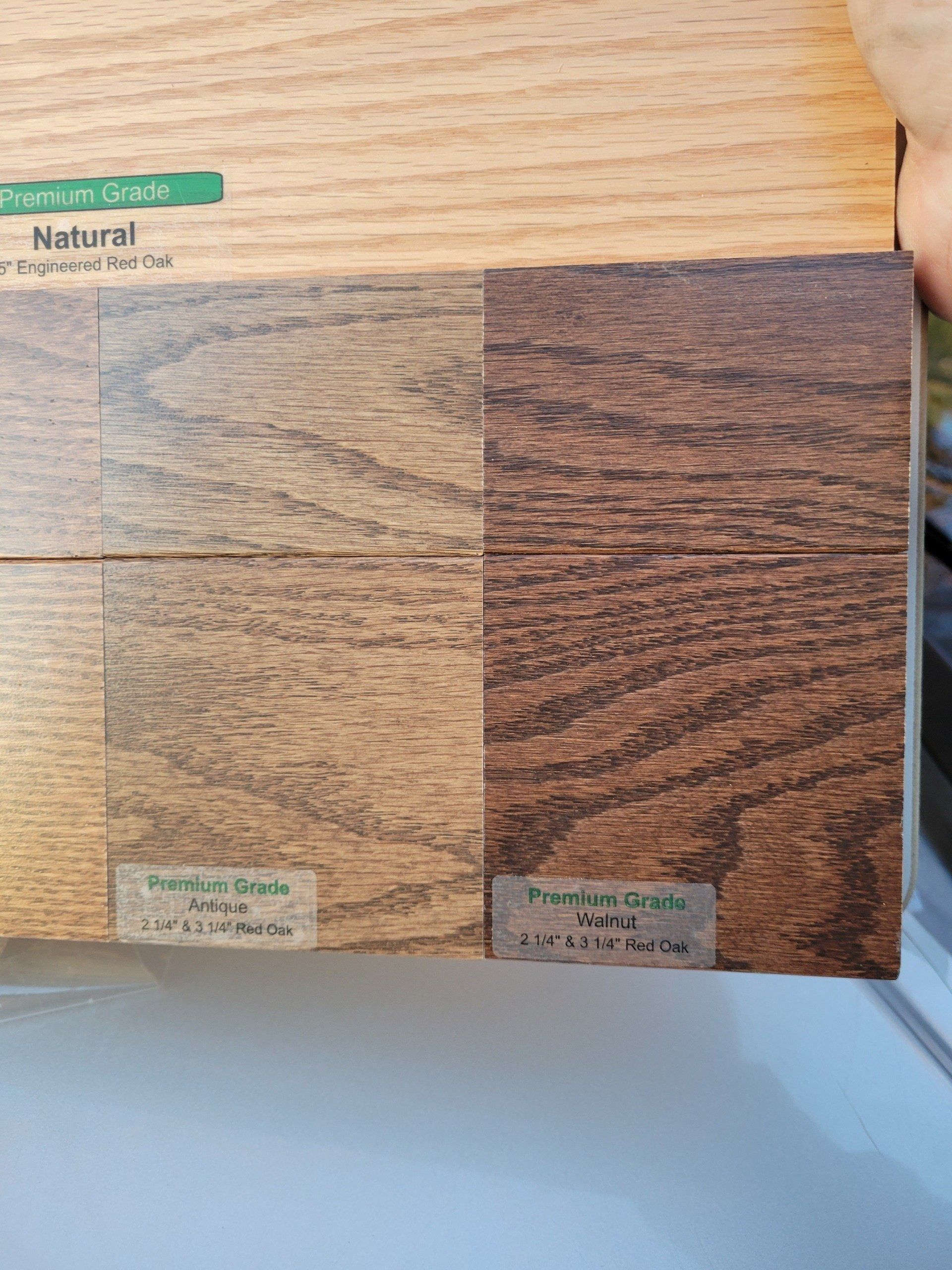 Two wood samples, one natural oak, the other stained dark brown; color swatches.