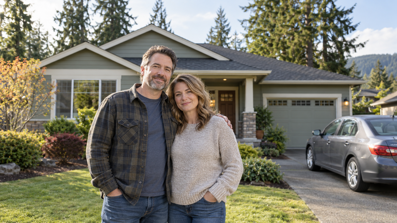 Couple standing outside an Oregon home with a car parked in the driveway.
