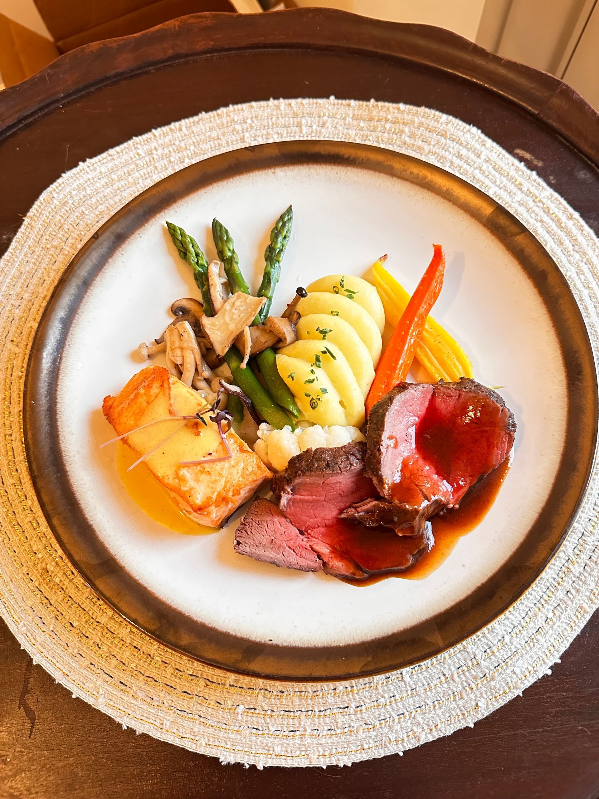 A plate of food with meat and vegetables on a table.