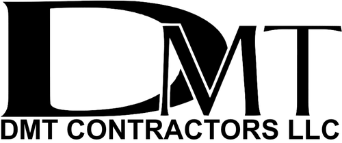 The DMT Contractors LLC logo, featuring the letters DMT in a large, stylized font over the company name in black and white.