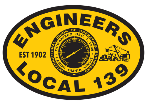 An oval yellow and black logo for the International Union of Operating Engineers Local 139 with a pressure gauge graphic.