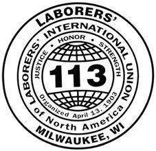Black and white circular logo of Laborers' International Union Local 113, Milwaukee, WI, organized April 13, 1903.