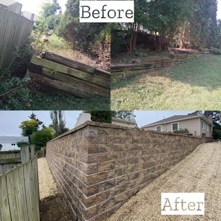 A before-and-after comparison showing an old, weathered wooden retaining wall replaced by a new, structured stone wall.