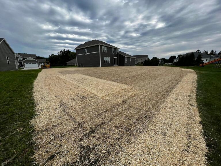 A dark-sided house with a large backyard featuring a newly seeded lawn covered in light-colored straw mulch under a cloudy sky.