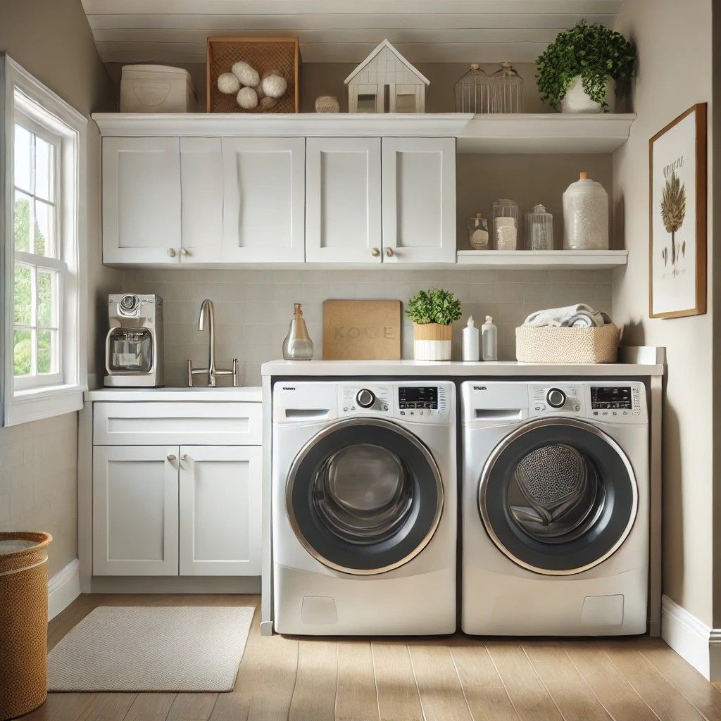 Modern laundry room with a clean dryer and organized, lint-free vent system.






