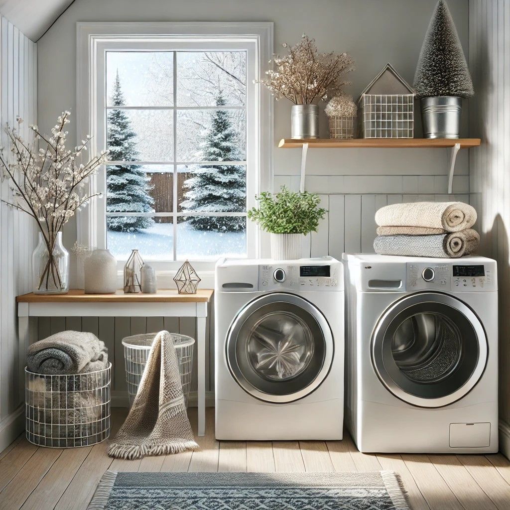 Clean suburban laundry room in winter with modern washer, dryer, snowy window view, and cozy decor