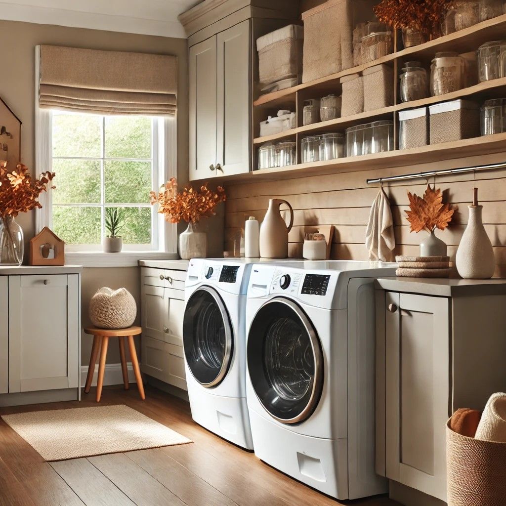 Modern laundry room with clean washer and dryer, neutral seasonal decor, and warm natural light