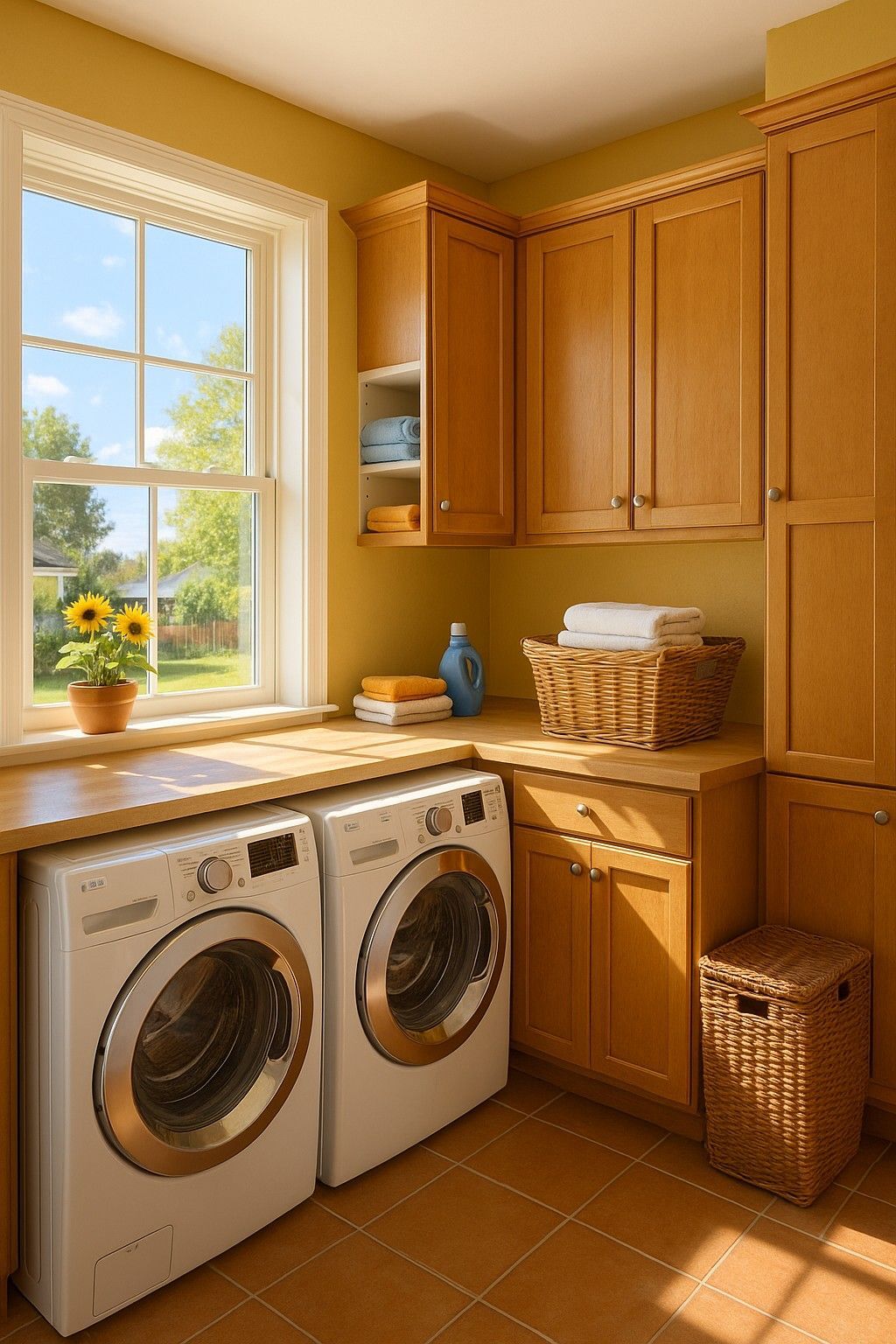 Sunlit laundry room with modern appliances and wooden cabinets in summer

