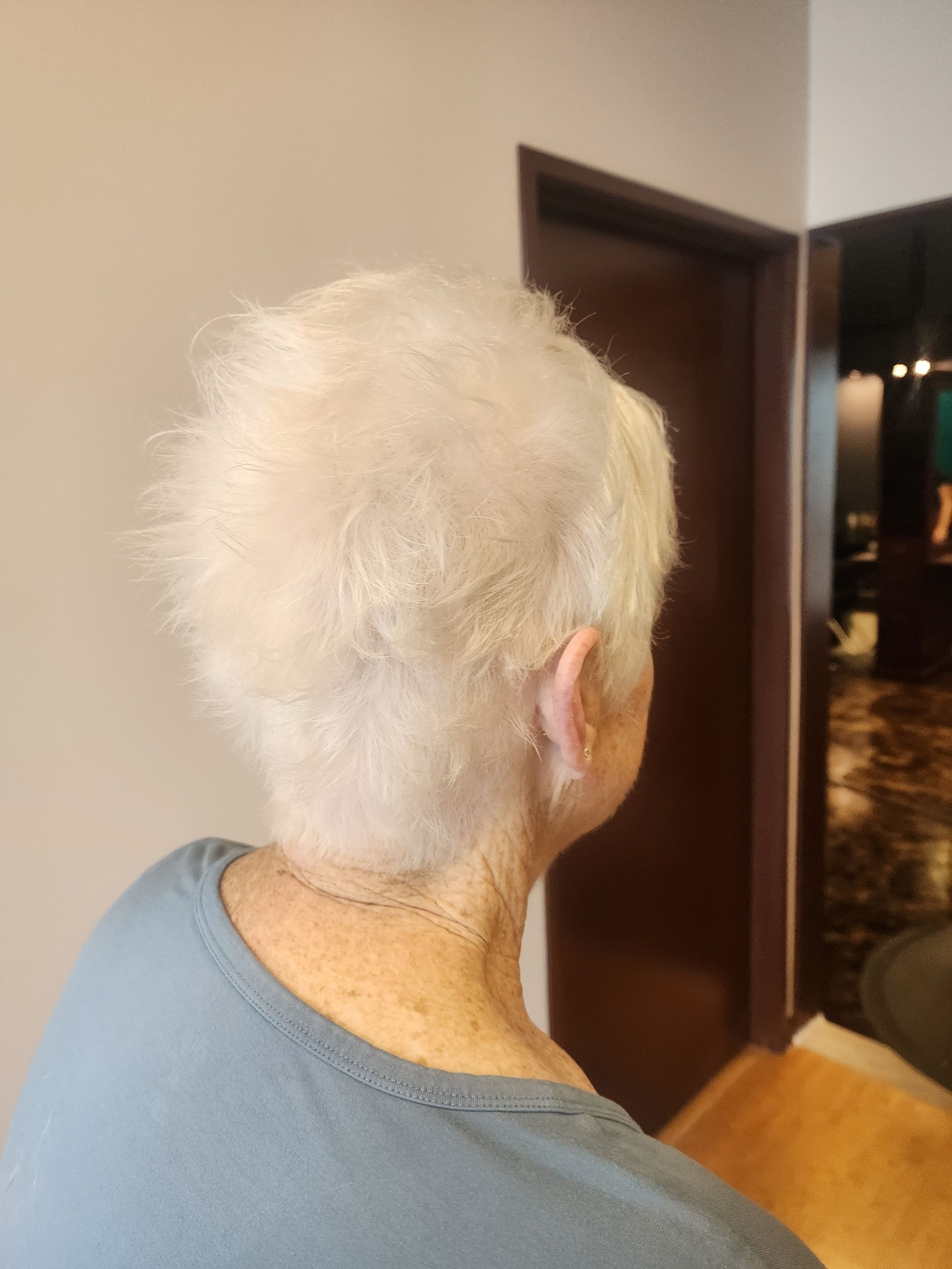 The back of an older woman 's head with white hair.