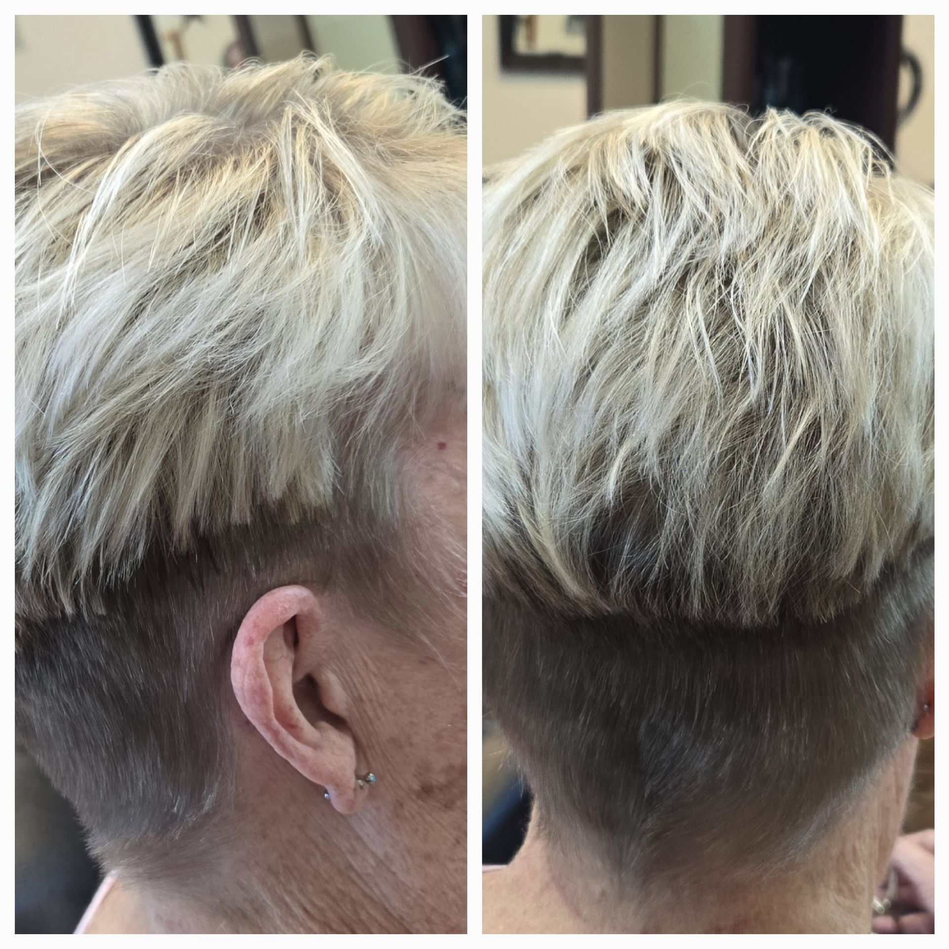 A woman with short blonde hair has a shaved head.