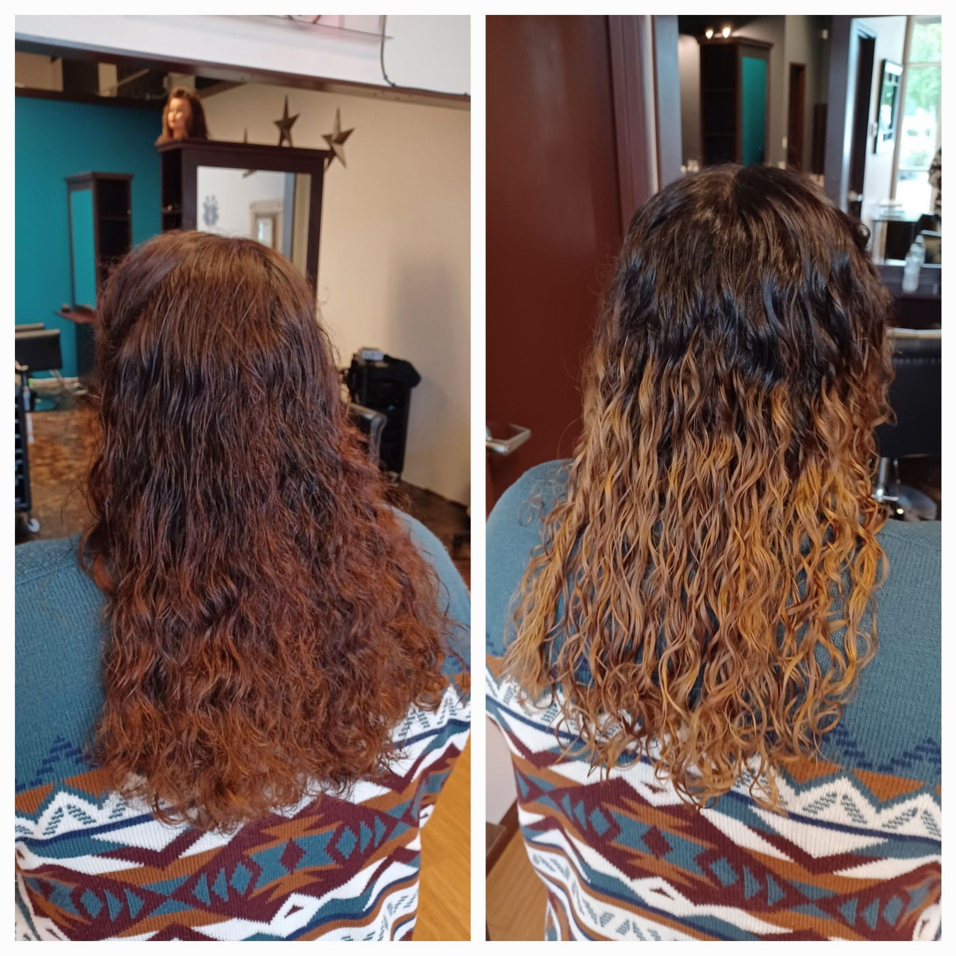 A before and after photo of a woman 's hair in a salon.