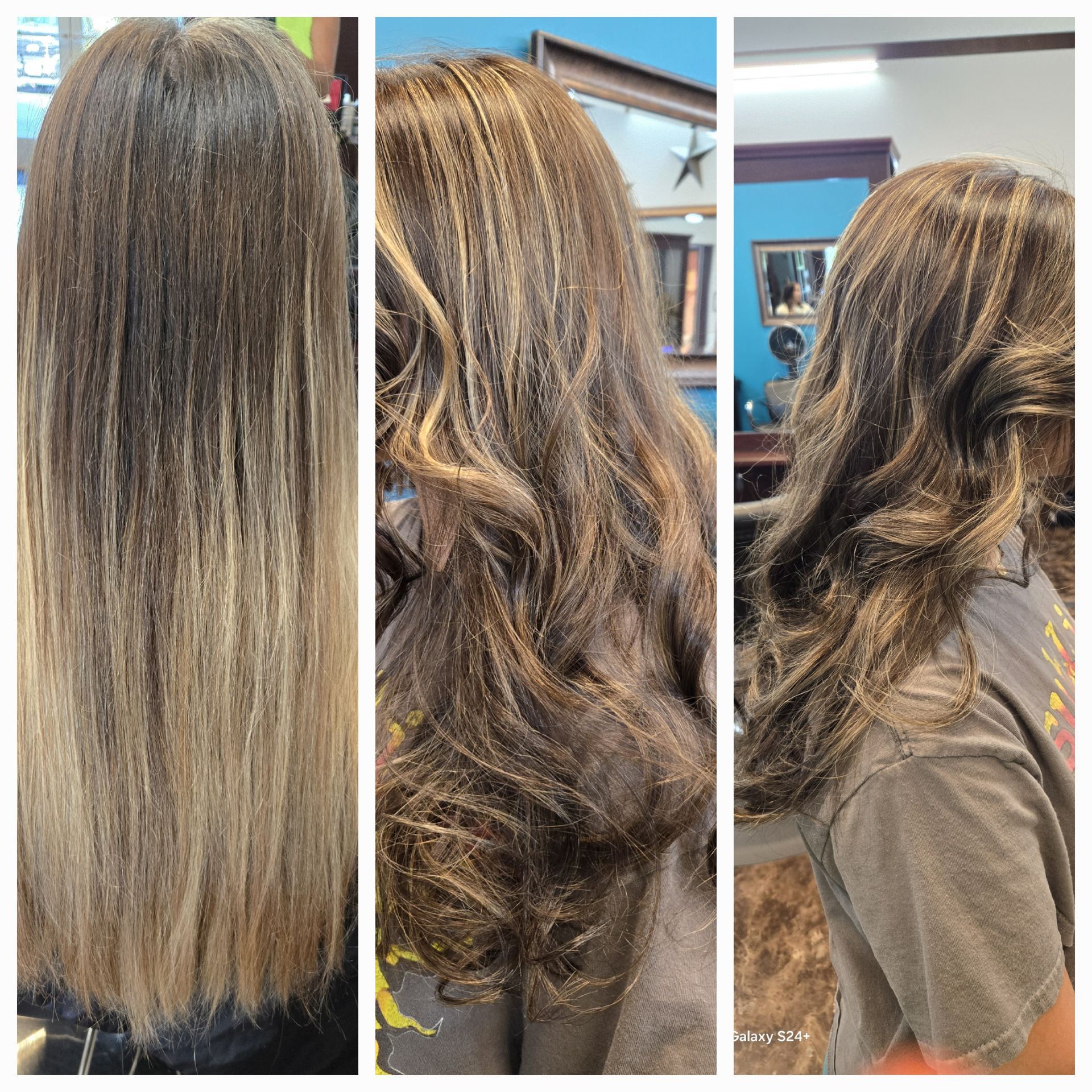 A before and after photo of a woman 's hair