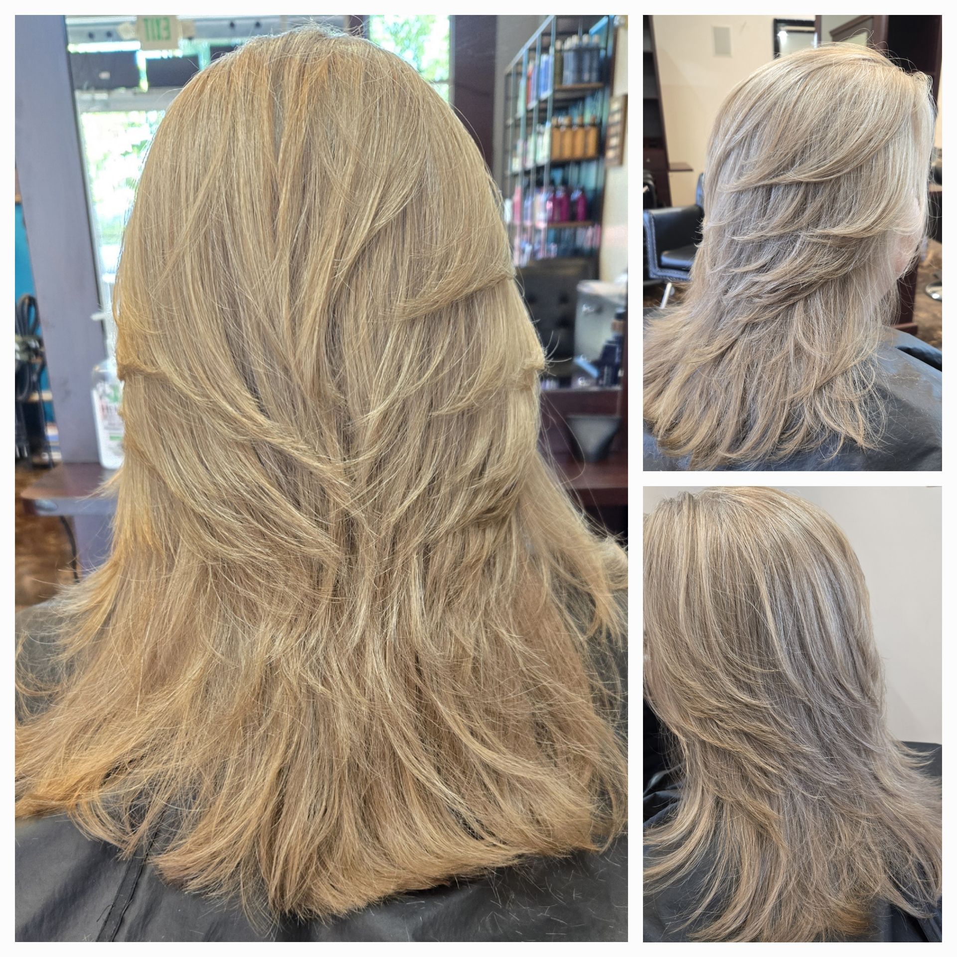 A woman with blonde hair is sitting in a chair in a salon.