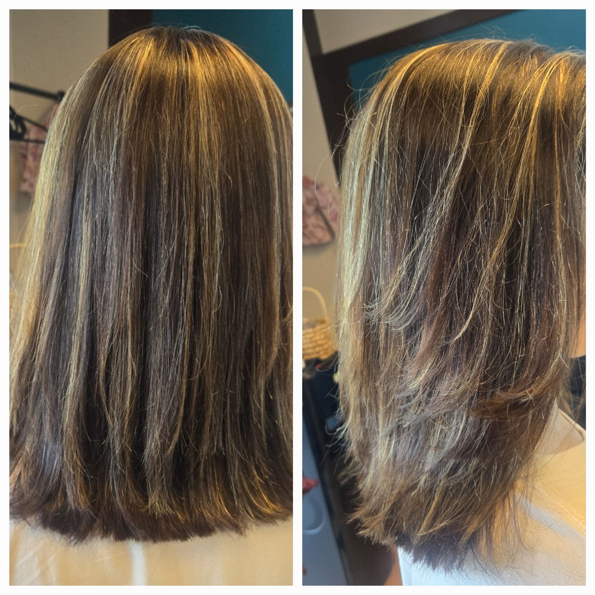 A before and after photo of a woman 's hair