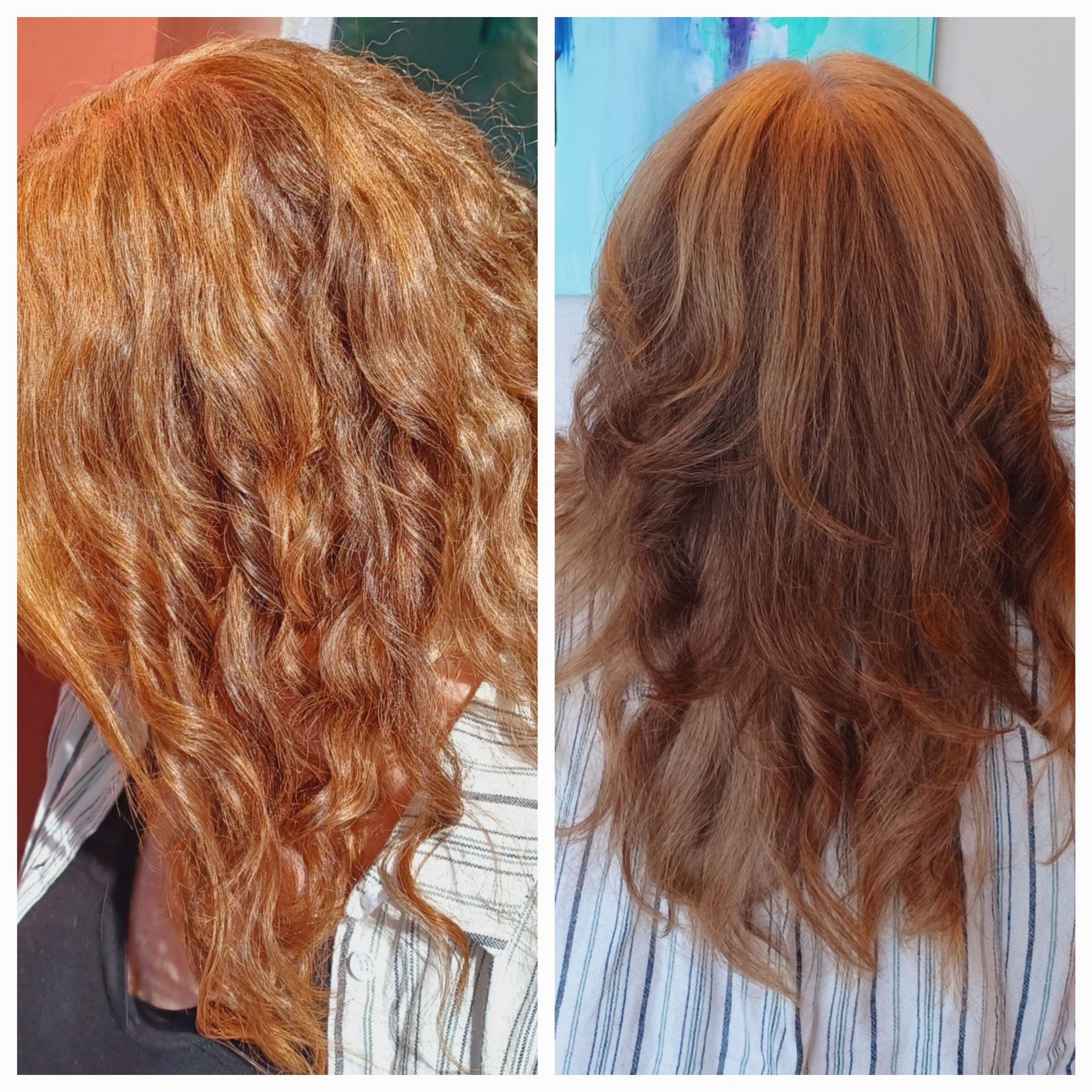 A before and after photo of a woman 's hair