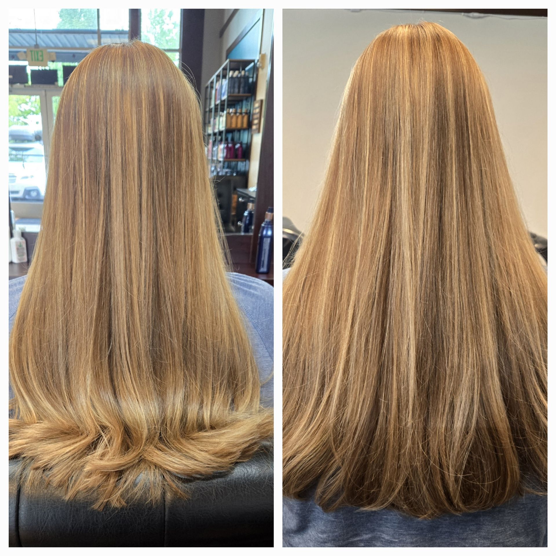 A before and after picture of a woman 's hair