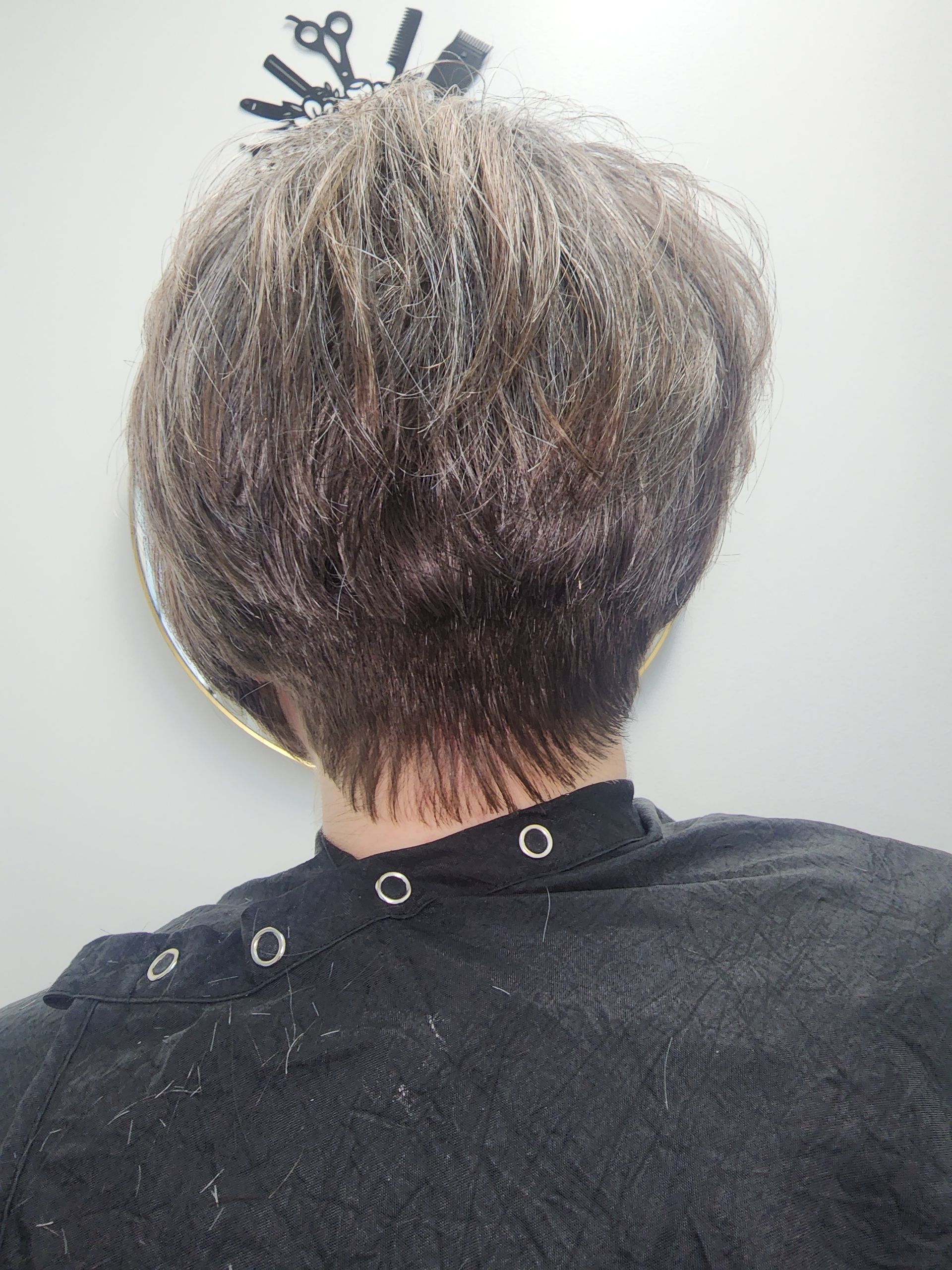 The back of a person 's head with short hair and a black cape.