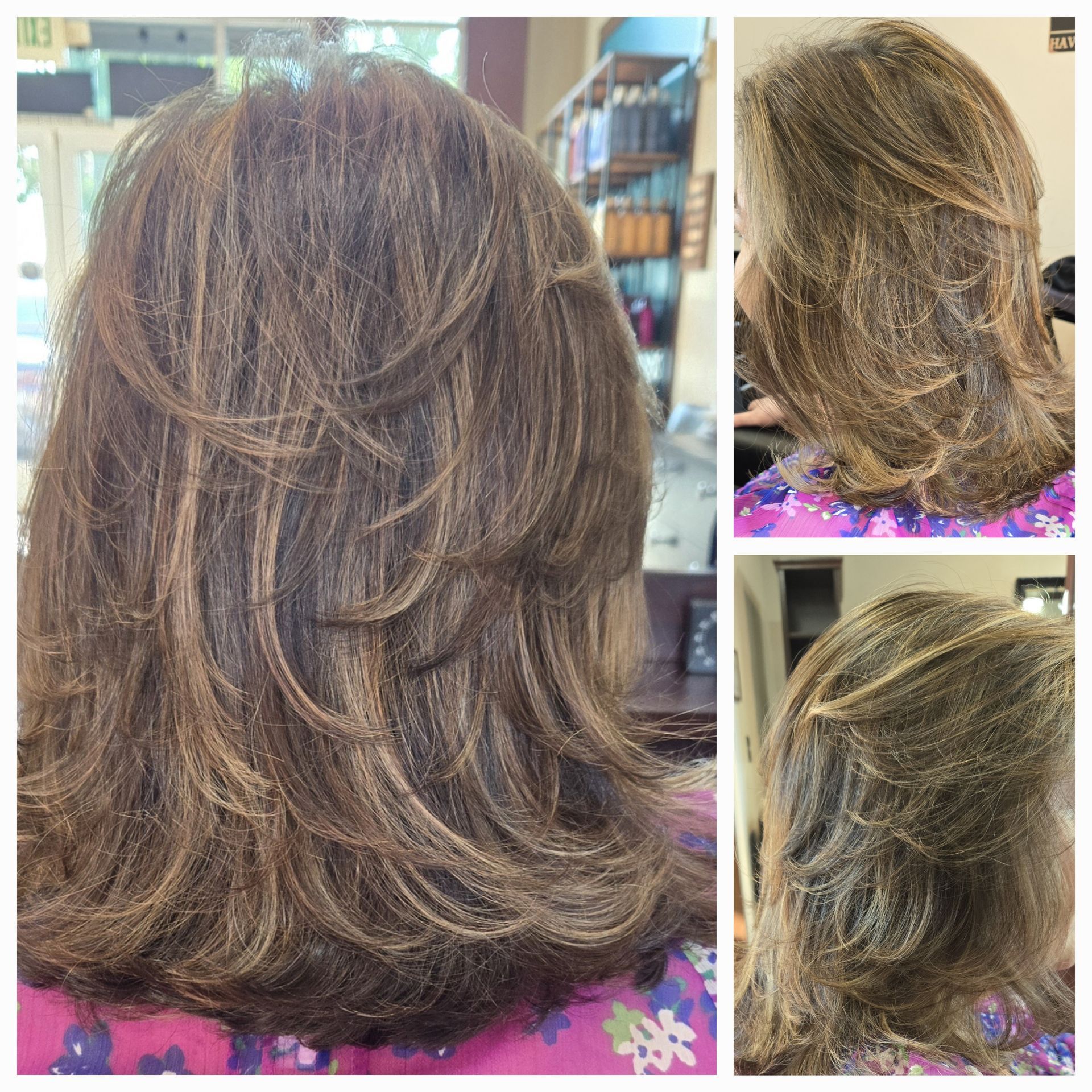 A woman is getting her hair cut in a salon