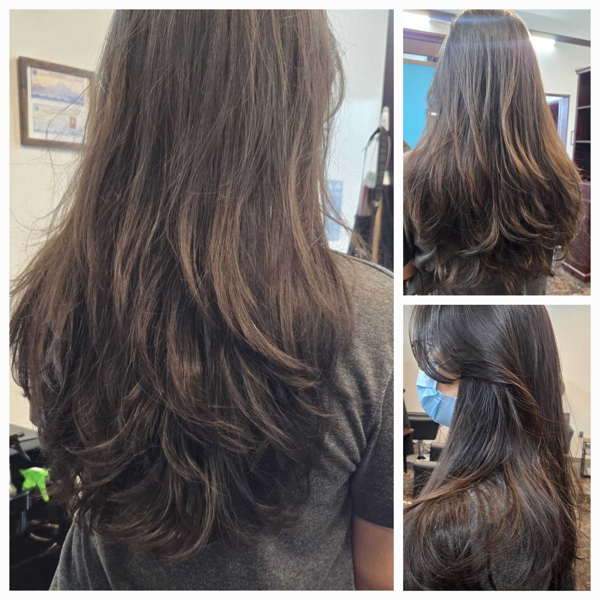 A woman with long hair is wearing a mask in a salon.