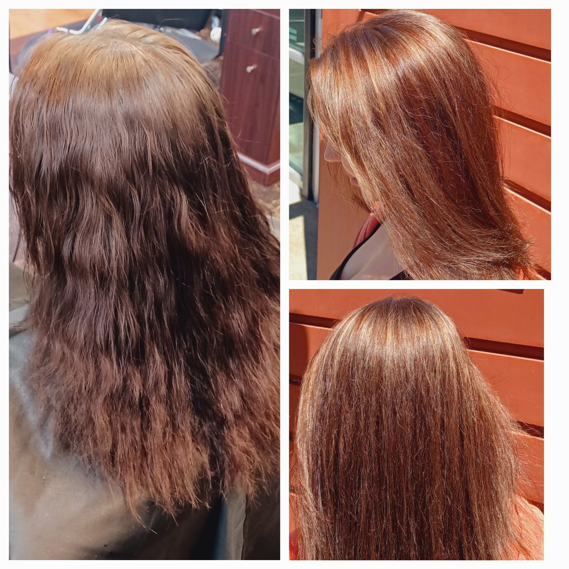 A before and after photo of a woman 's hair