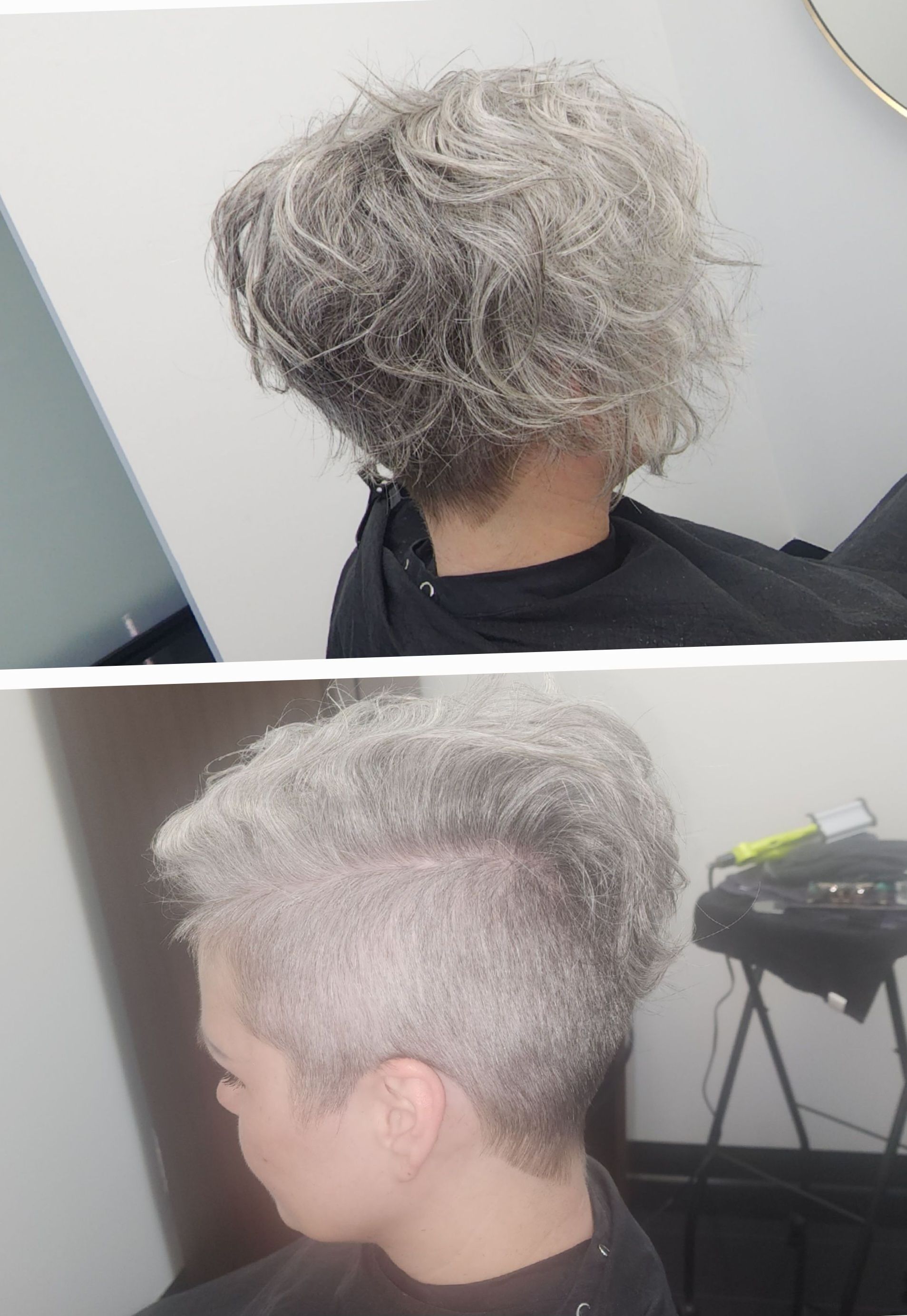 A woman with gray hair and a shaved head