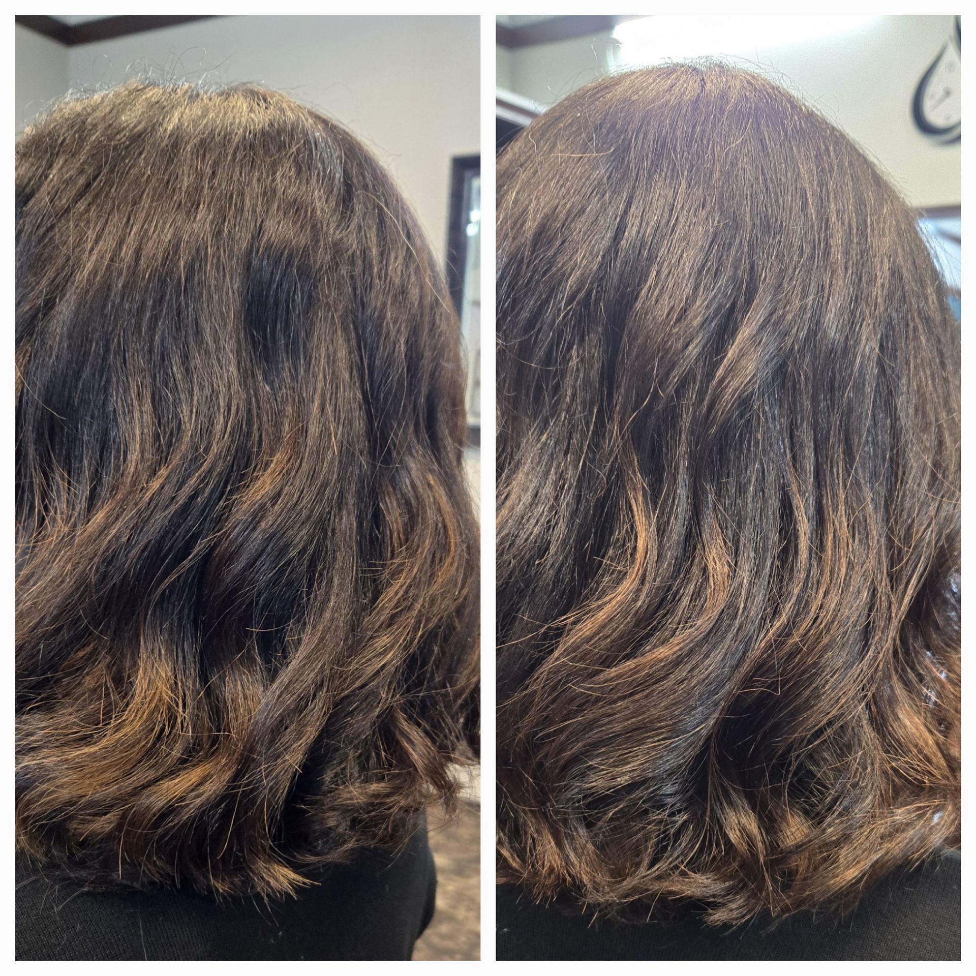 A before and after photo of a woman 's hair
