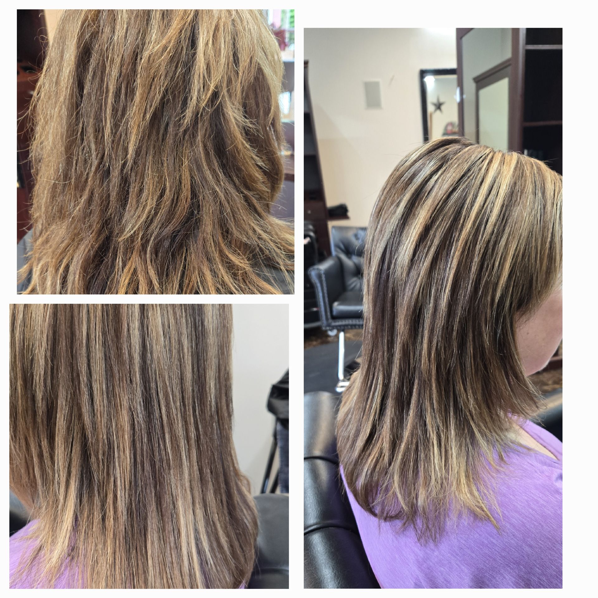 A woman in a purple shirt is getting her hair done