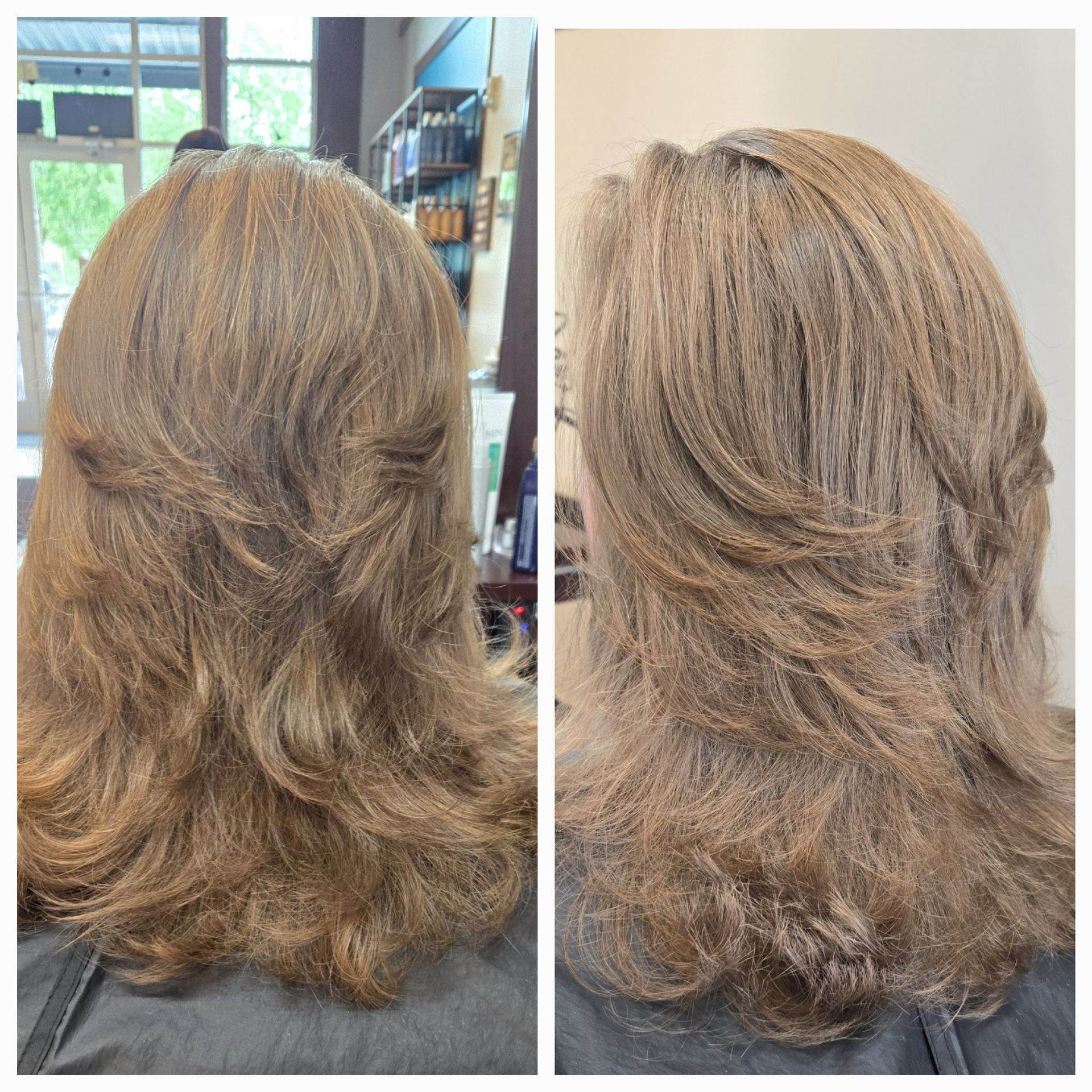 A before and after photo of a woman 's hair in a salon.