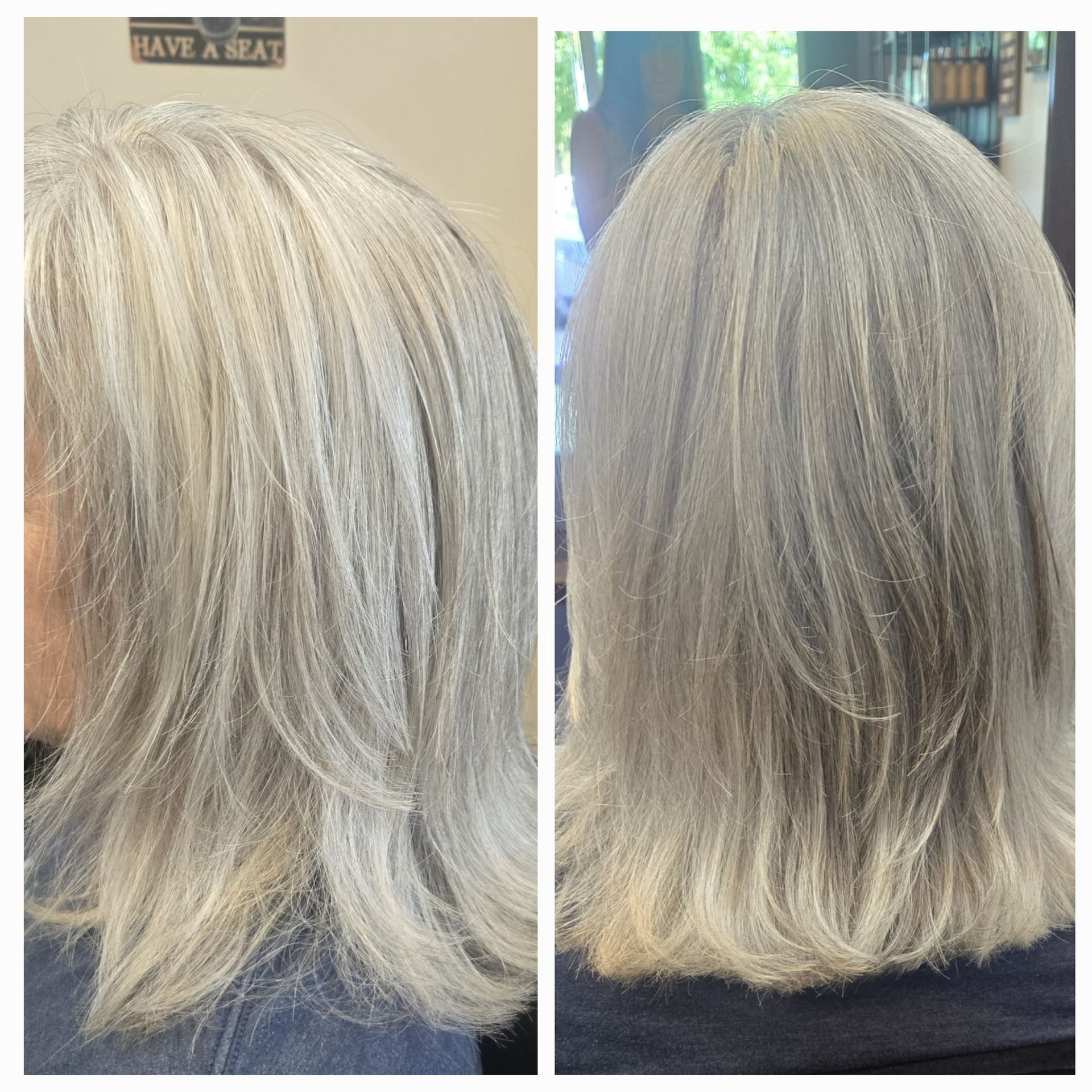 A before and after photo of a woman 's gray hair
