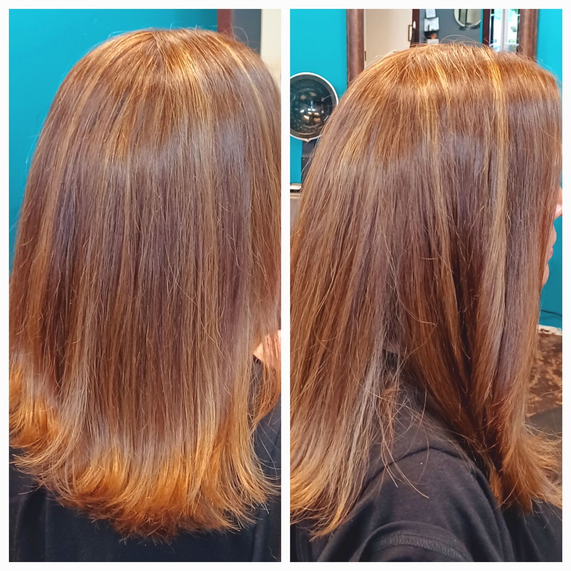 Two pictures of a woman 's hair before and after being cut