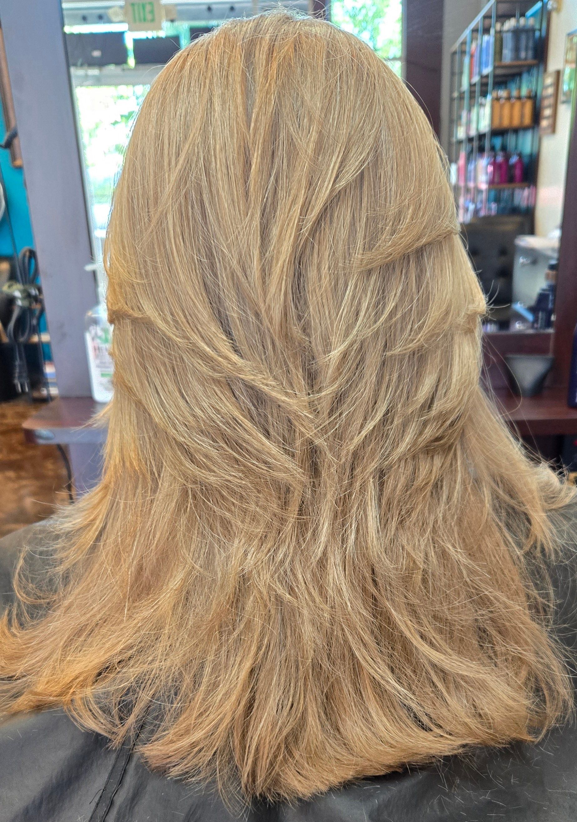 The back of a woman 's blonde hair is shown in a salon.