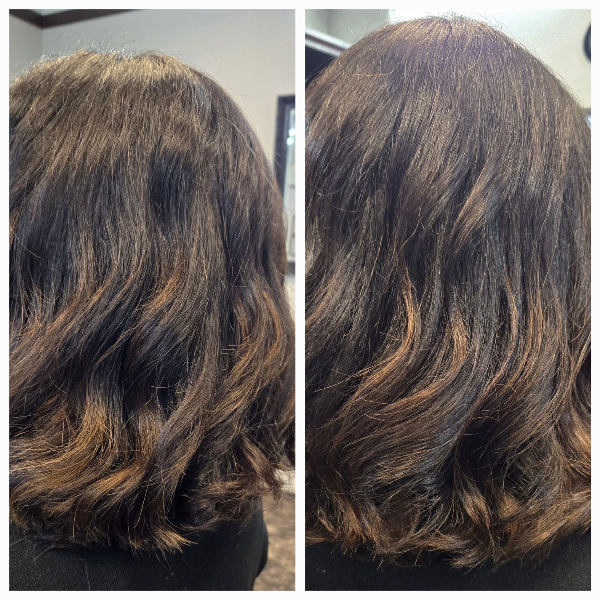 A before and after photo of a woman 's hair