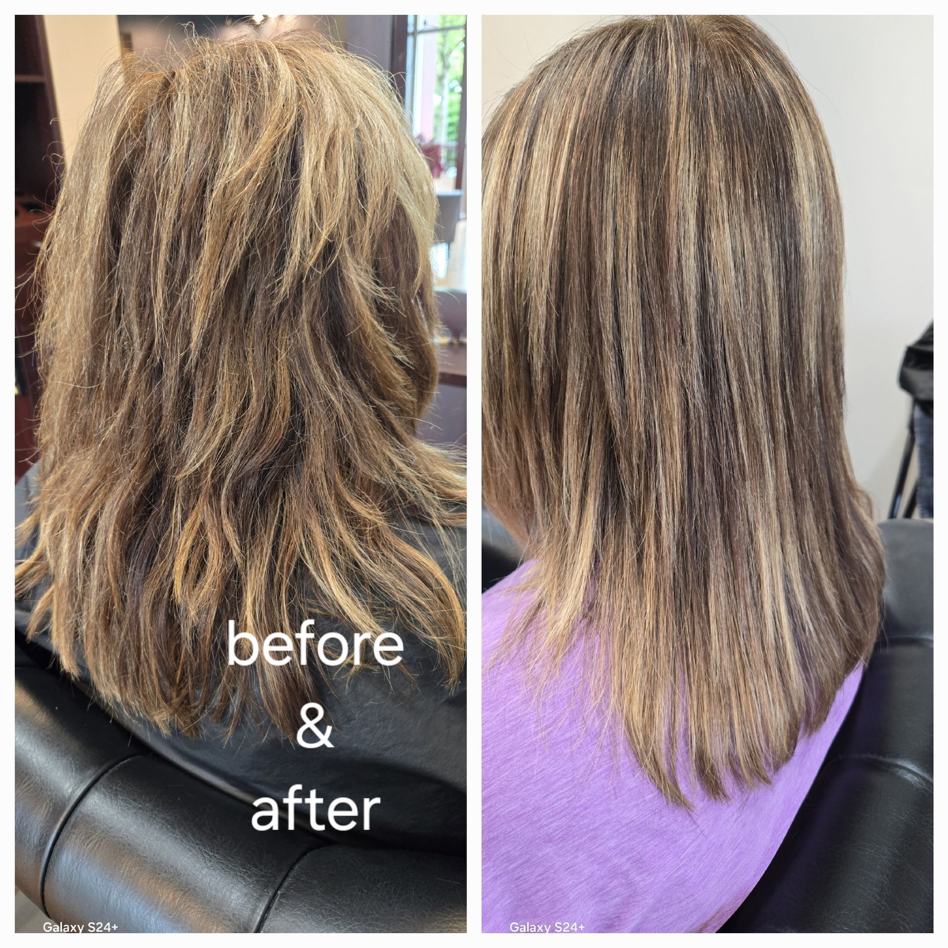 A before and after photo of a woman 's hair