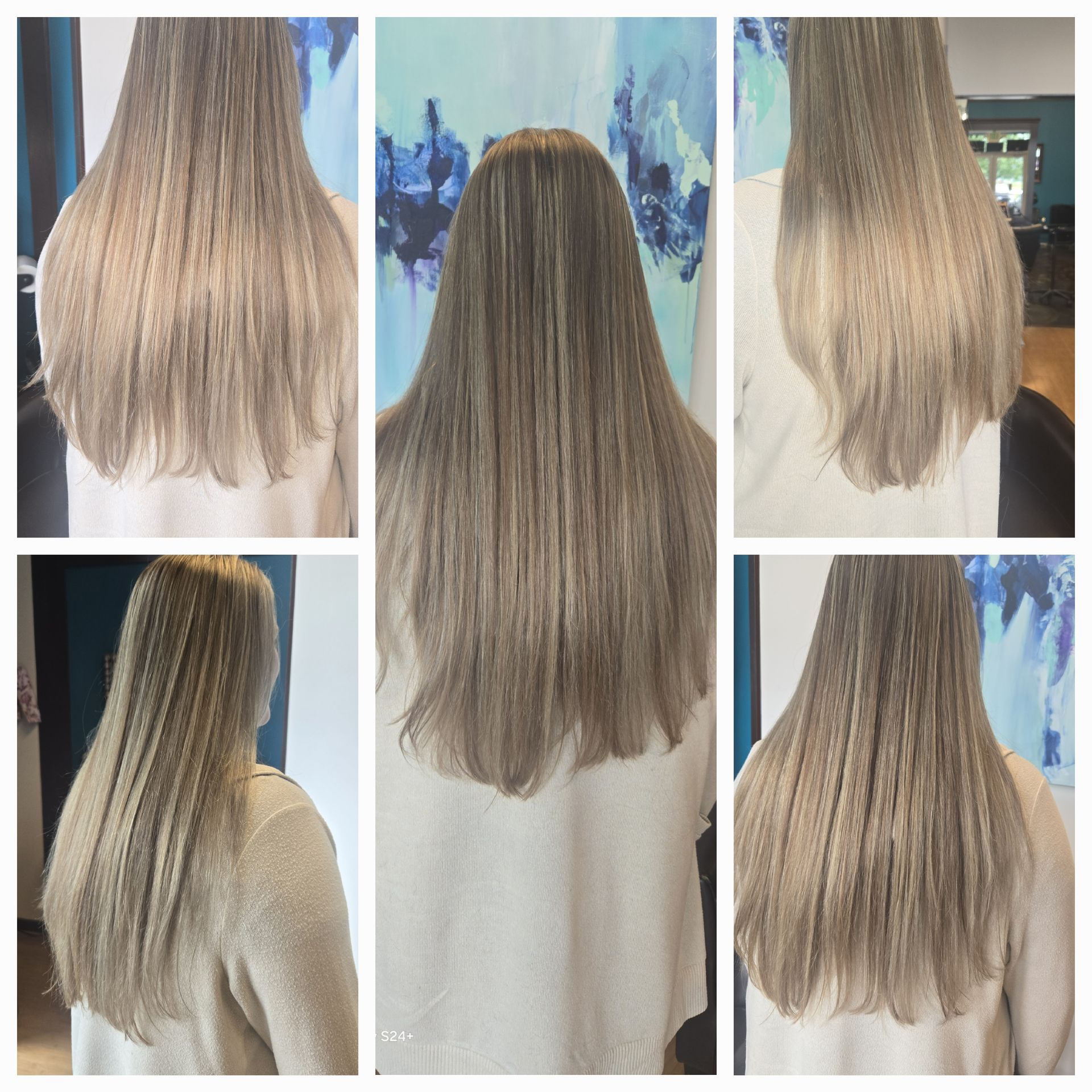 A collage of photos of a woman 's hair before and after being cut