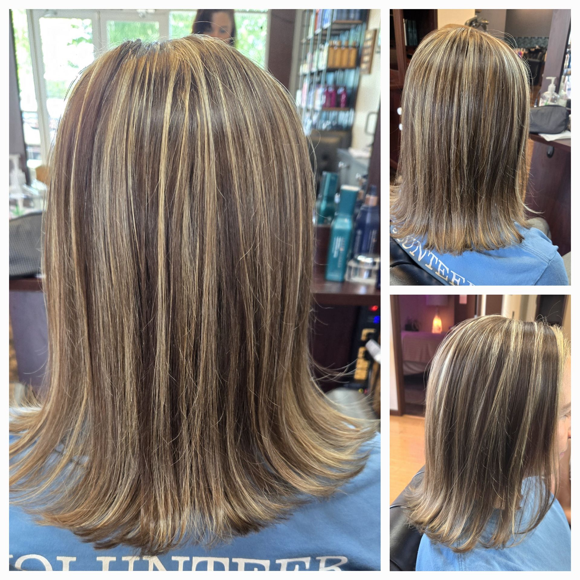 A woman in a blue shirt with the word unlimited on it