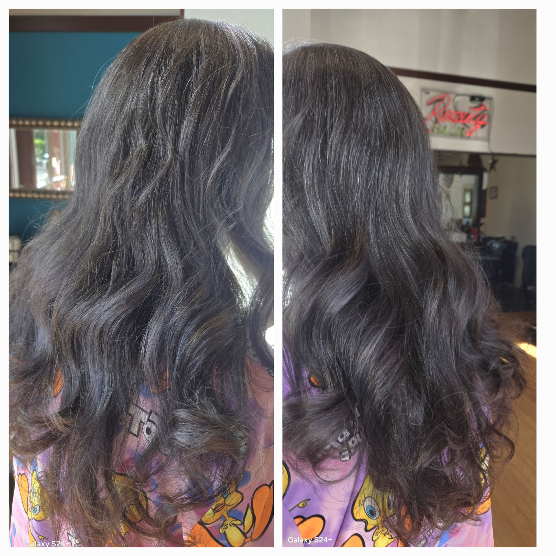 A woman with long dark hair is wearing a purple pajama top.