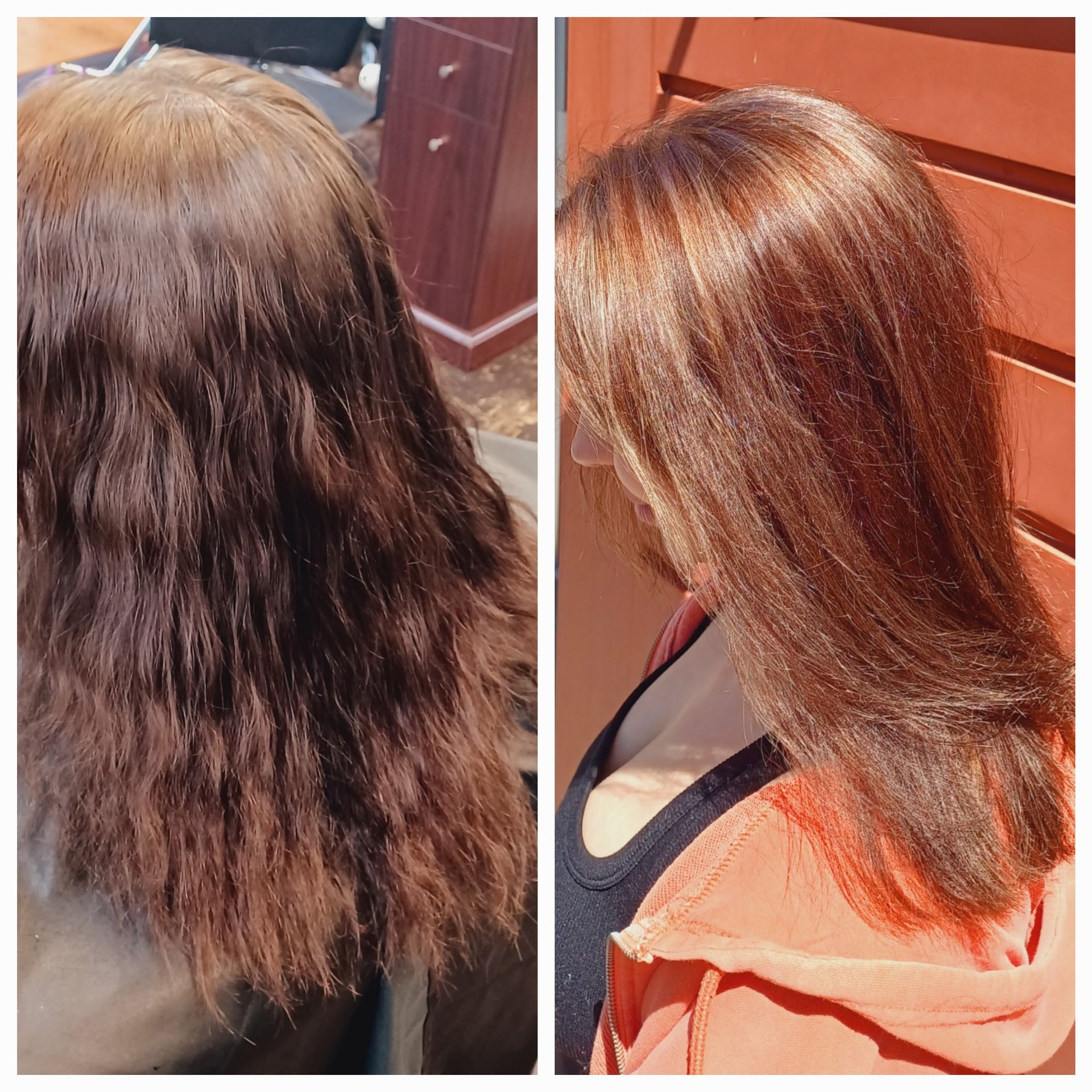 A before and after photo of a woman 's hair