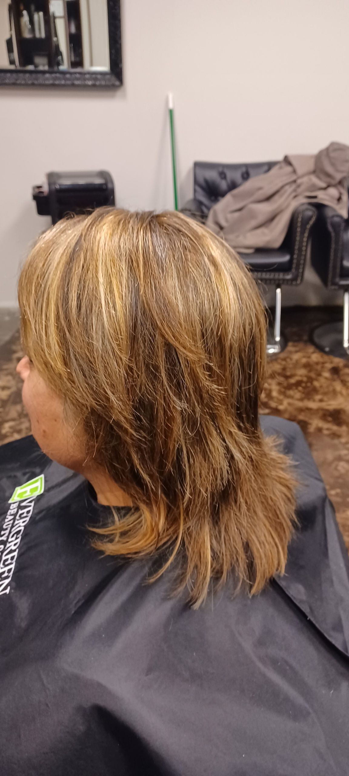 A woman is getting her hair cut in a salon.