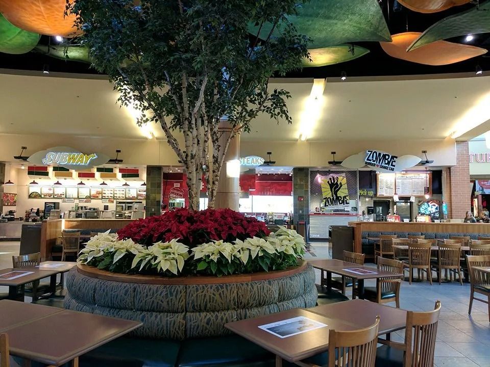 Mall food court with a large indoor planter and surrounding tables and chairs