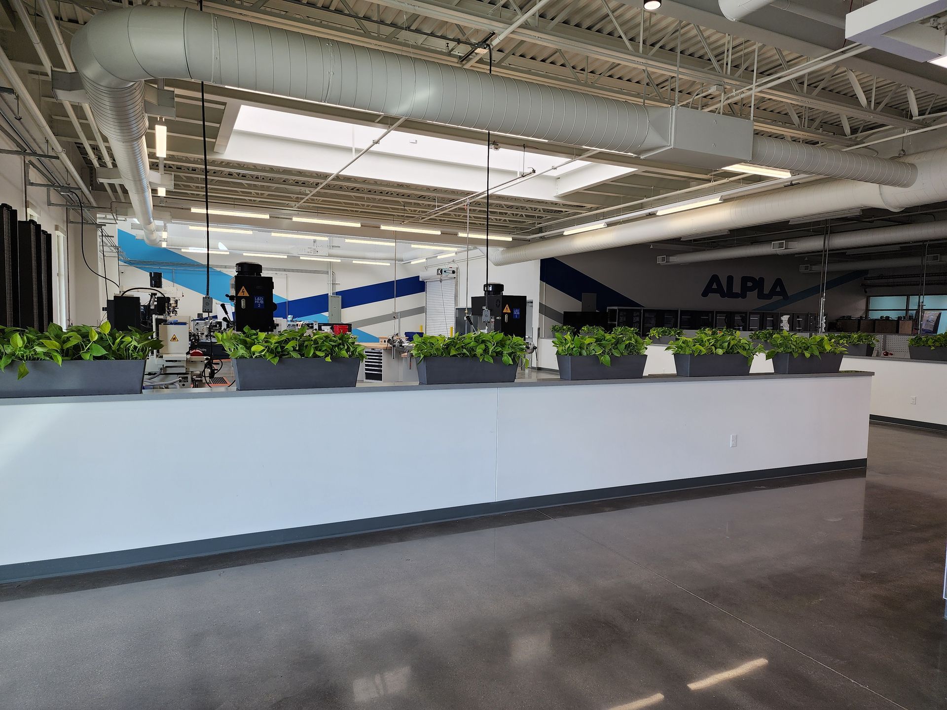 Modern office lobby with white reception desk, potted plants, and polished concrete floor under bright skylights