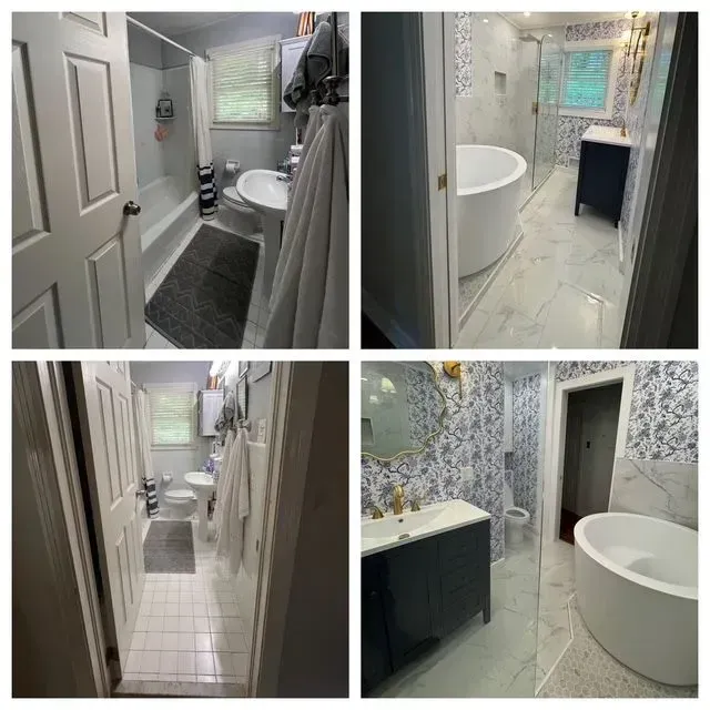 Collage of a small bathroom remodel with white tile, black vanity, and a round tub.