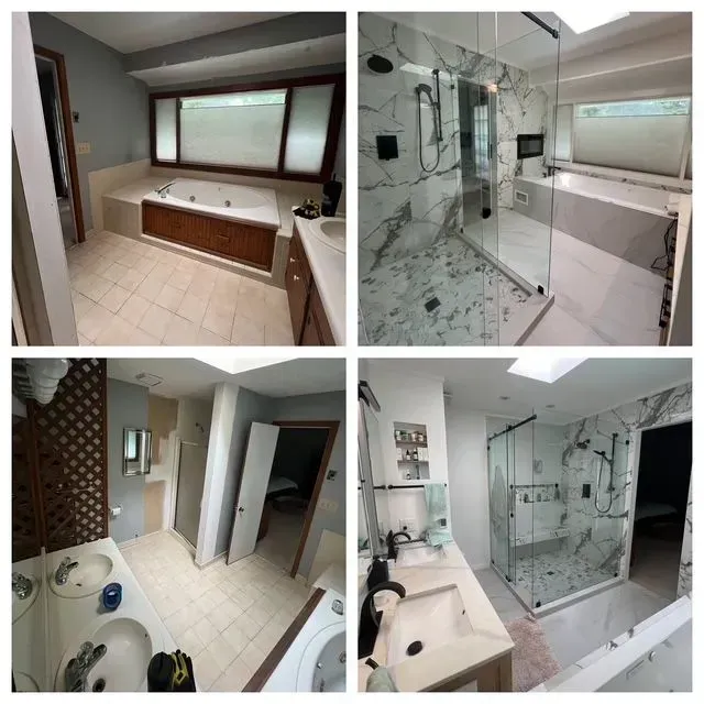 Modern bathroom remodel collage with marble shower, double vanity, tub, and tiled floor