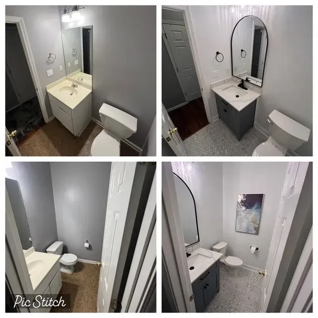 Before-and-after bathroom renovation collage showing a vanity, mirror, toilet, and updated gray decor.